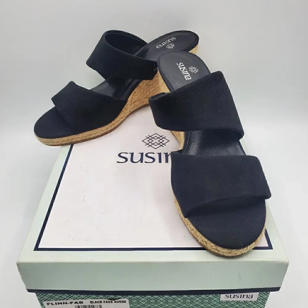 Susina Flynn Fab Black Wedges Espadrille Braided Wedge Heels Size 7.5 New